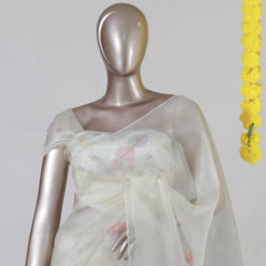 Ivory Crystal Organza Appliqué Embroidery Saree