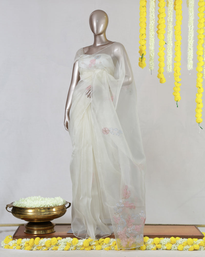 Ivory Crystal Organza Appliqué Embroidery Saree