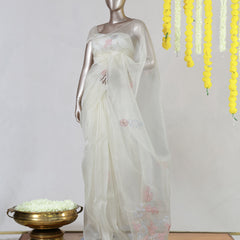 Ivory Crystal Organza Appliqué Embroidery Saree