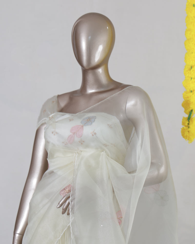 Ivory Crystal Organza Appliqué Embroidery Saree