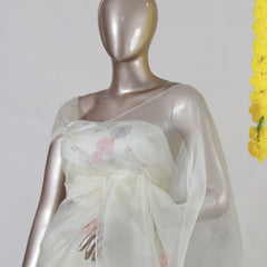 Ivory Crystal Organza Appliqué Embroidery Saree