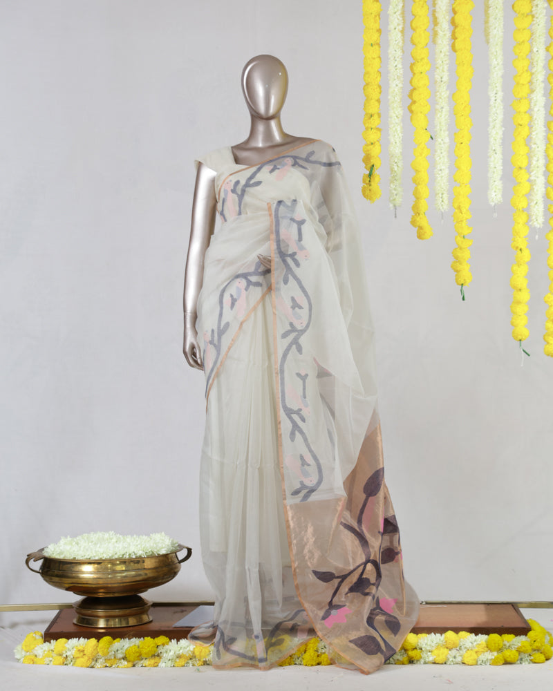 Ivory Pure Kora Organza Jamdani Saree