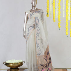 Ivory Pure Kora Organza Jamdani Saree