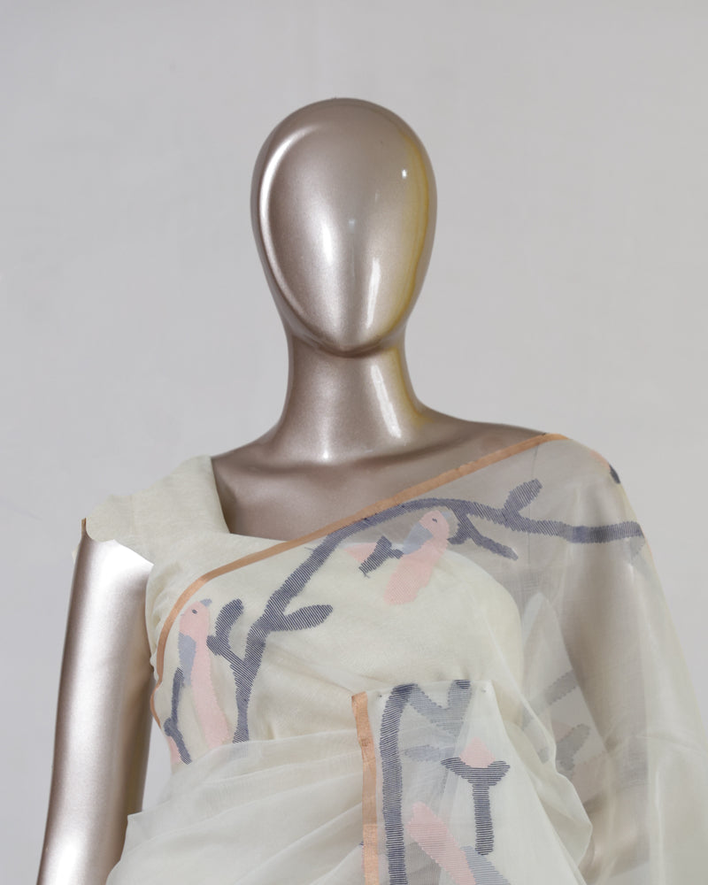 Ivory Pure Kora Organza Jamdani Saree