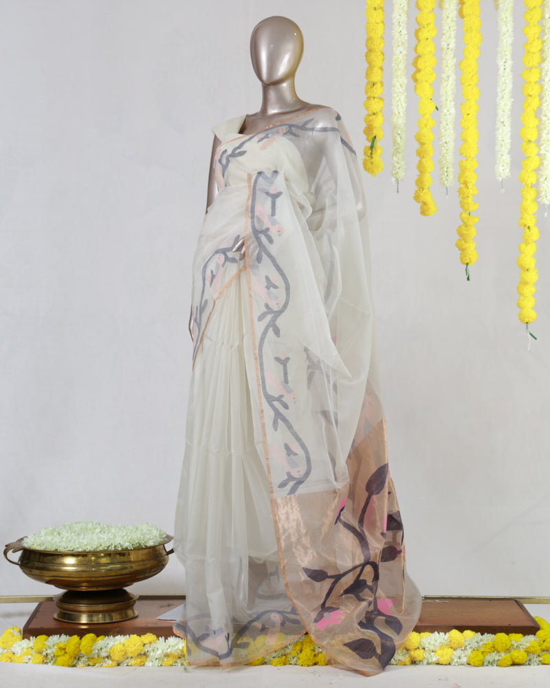 Ivory Pure Kora Organza Jamdani Saree
