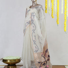Ivory Pure Kora Organza Jamdani Saree