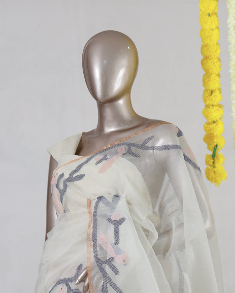 Ivory Pure Kora Organza Jamdani Saree