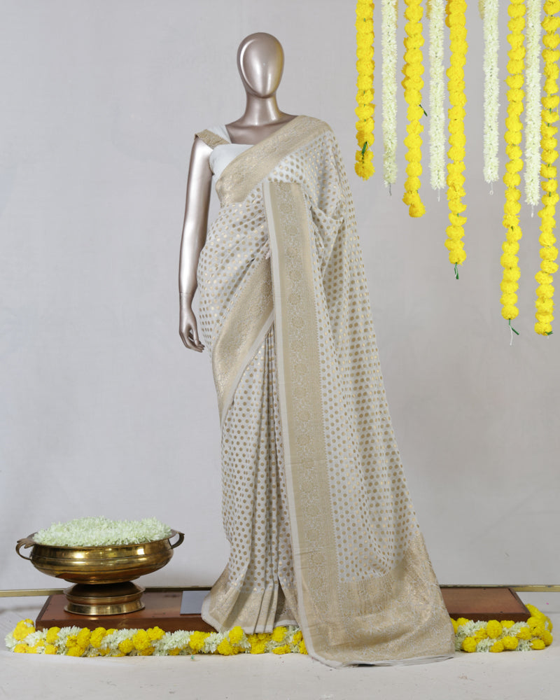 Ivory Dyeable Banarasi Polka Dot Saree