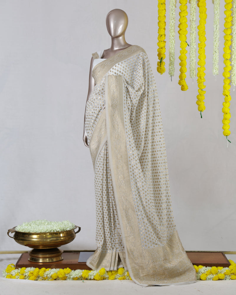Ivory Dyeable Banarasi Polka Dot Saree