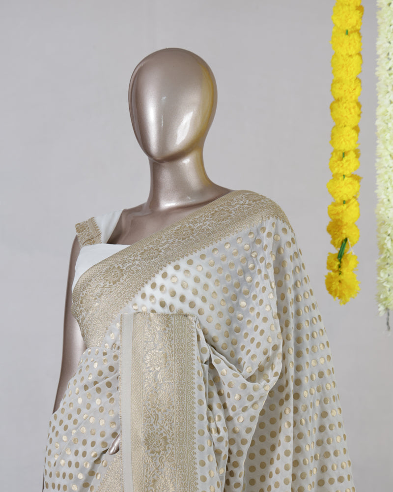 Ivory Dyeable Banarasi Polka Dot Saree