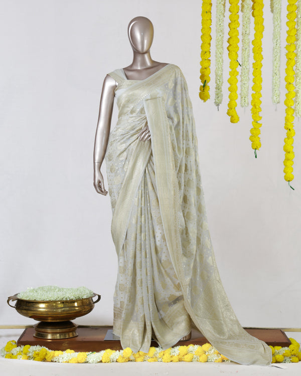 Ivory Pure Georgette Banarasi Onam Saree