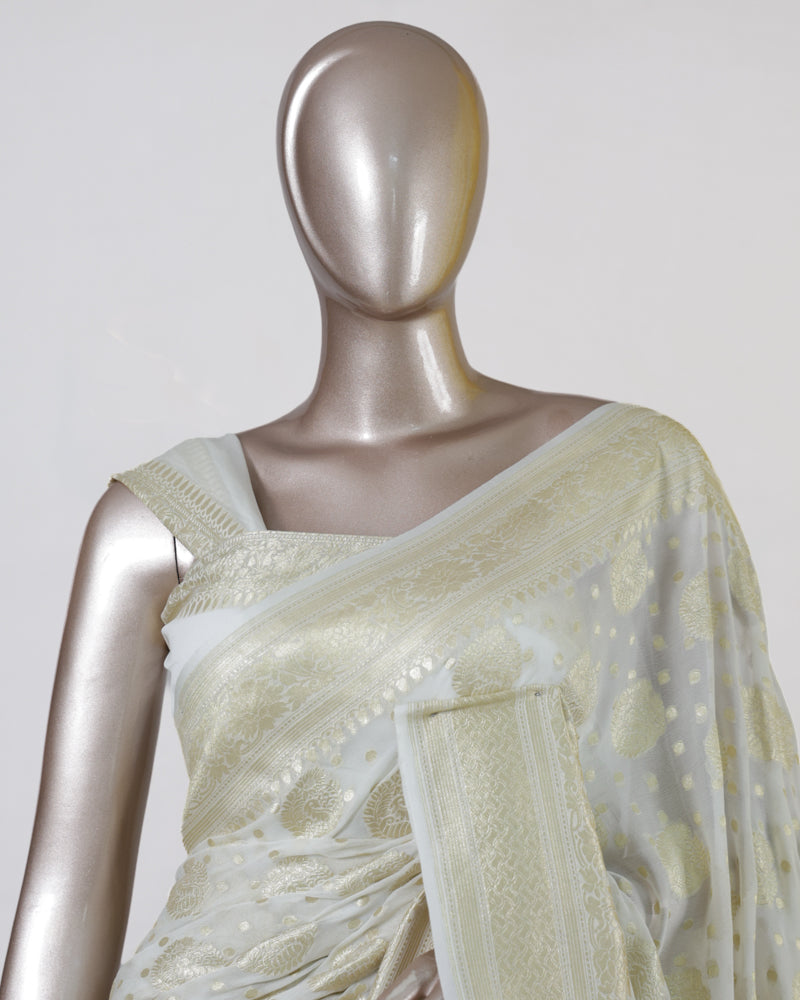Ivory Pure Georgette Banarasi Onam Saree