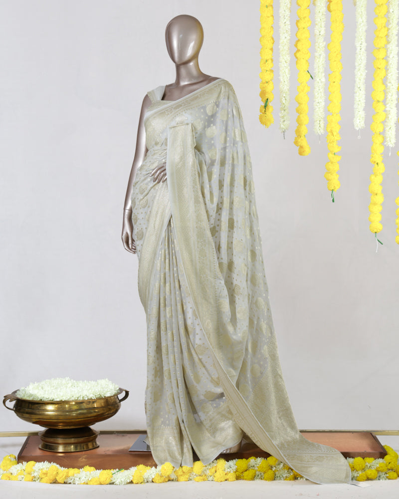 Ivory Pure Georgette Banarasi Onam Saree