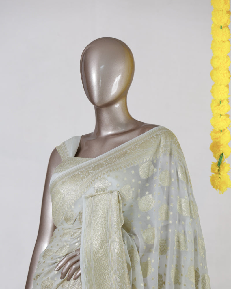Ivory Pure Georgette Banarasi Onam Saree