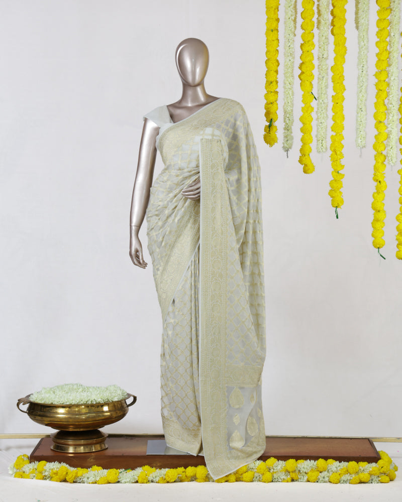 Ivory Pure Georgette Banarasi Onam Saree