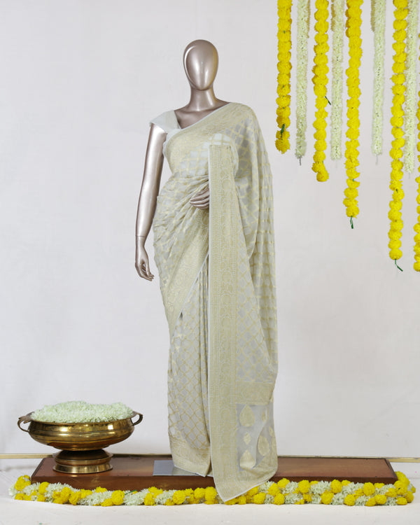 Ivory Pure Georgette Banarasi Onam Saree