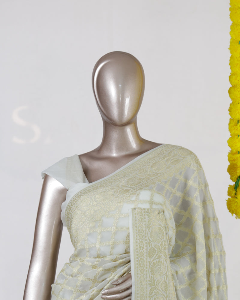 Ivory Pure Georgette Banarasi Onam Saree
