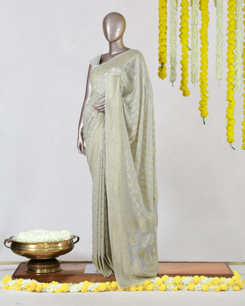 Ivory Pure Georgette Banarasi Onam Saree