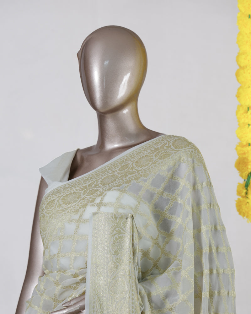 Ivory Pure Georgette Banarasi Onam Saree