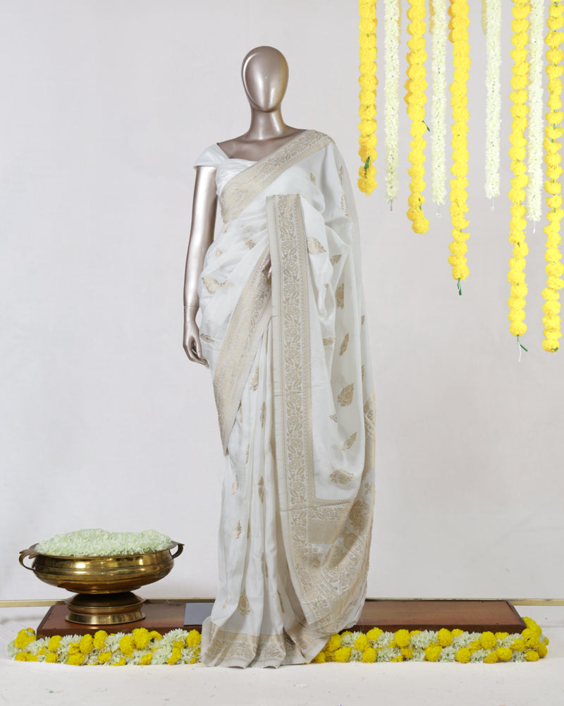 Ivory Semi-Silk Golden dyeable Banarasi Onam Saree
