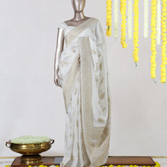 Ivory Semi-Silk Golden dyeable Banarasi Onam Saree