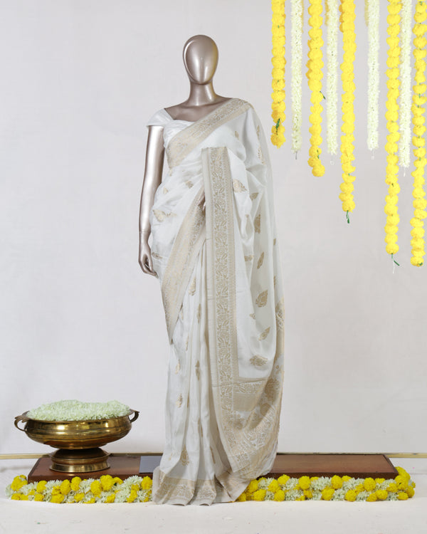 Ivory Semi-Silk Golden dyeable Banarasi Onam Saree