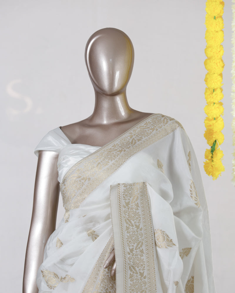 Ivory Semi-Silk Golden dyeable Banarasi Onam Saree