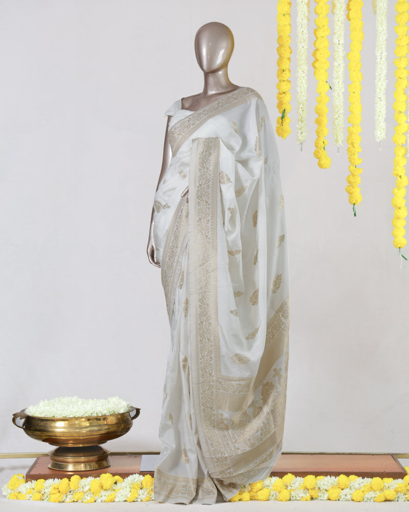 Ivory Semi-Silk Golden dyeable Banarasi Onam Saree