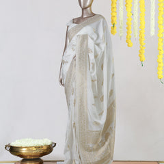 Ivory Semi-Silk Golden dyeable Banarasi Onam Saree
