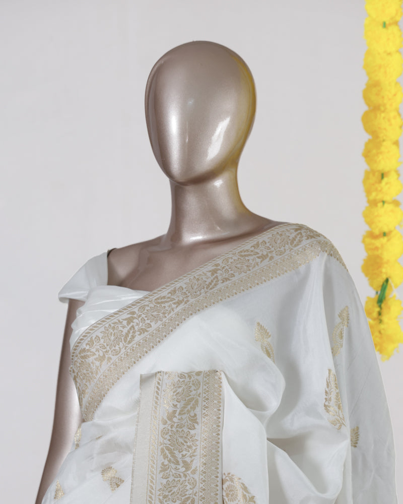 Ivory Semi-Silk Golden dyeable Banarasi Onam Saree