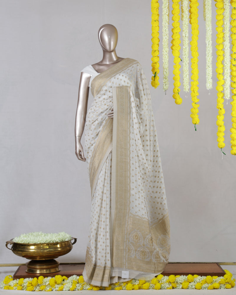 White Georgette Banarasi Onam Saree
