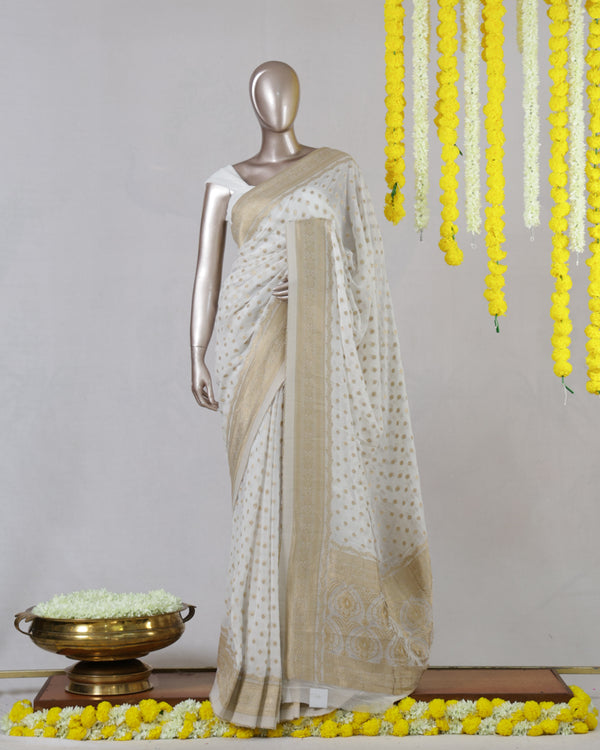 White Georgette Banarasi Onam Saree