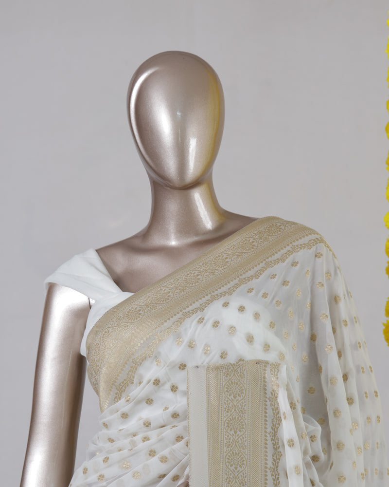 White Georgette Banarasi Onam Saree