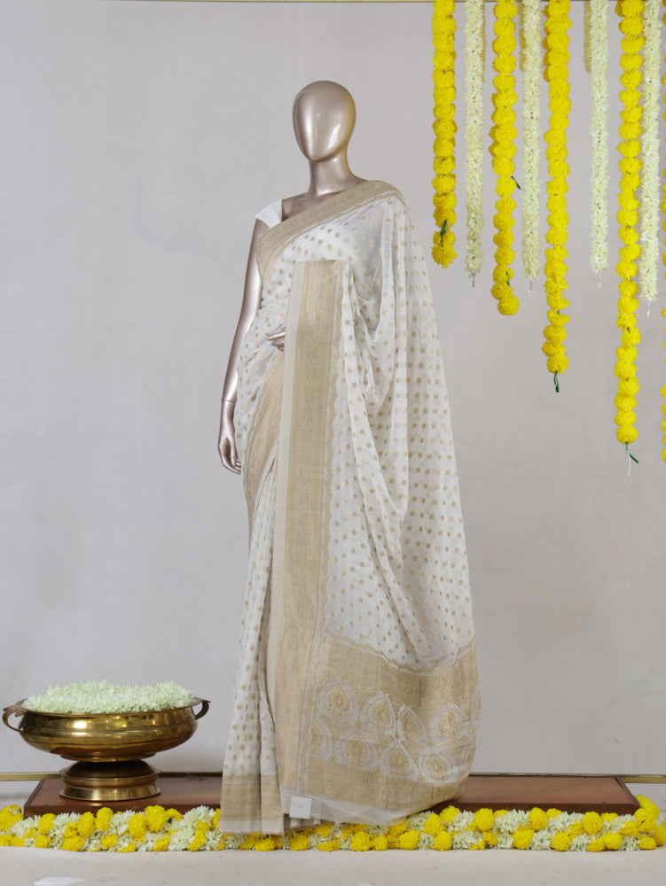 White Georgette Banarasi Onam Saree