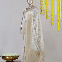 White Georgette Banarasi Onam Saree