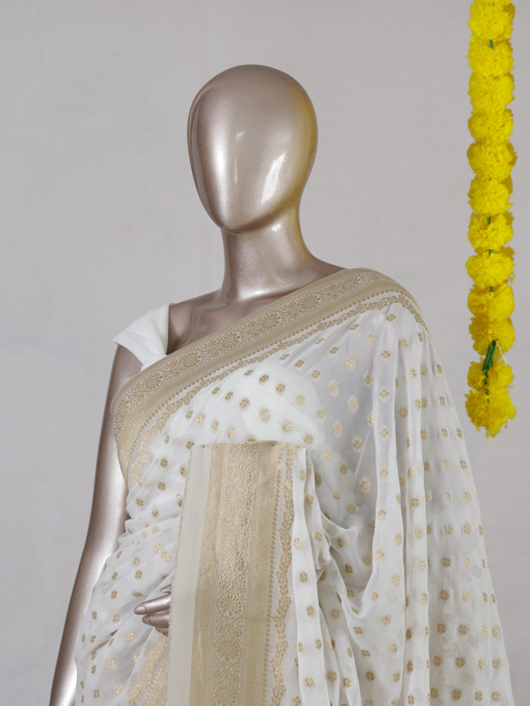White Georgette Banarasi Onam Saree