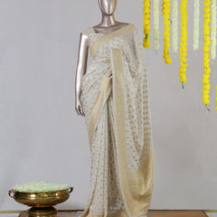 White Georgette Banarasi Onam Saree