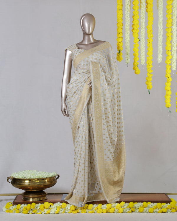 White Georgette Banarasi Onam Saree