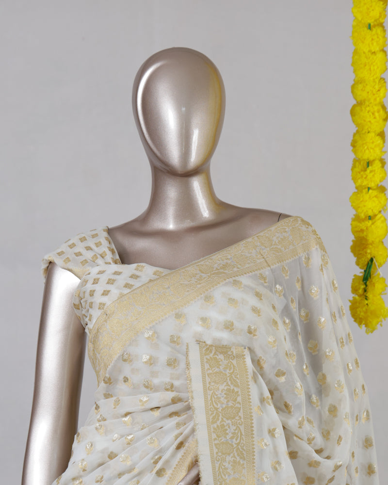 White Georgette Banarasi Onam Saree