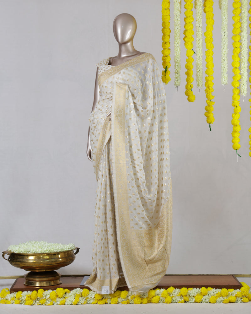 White Georgette Banarasi Onam Saree