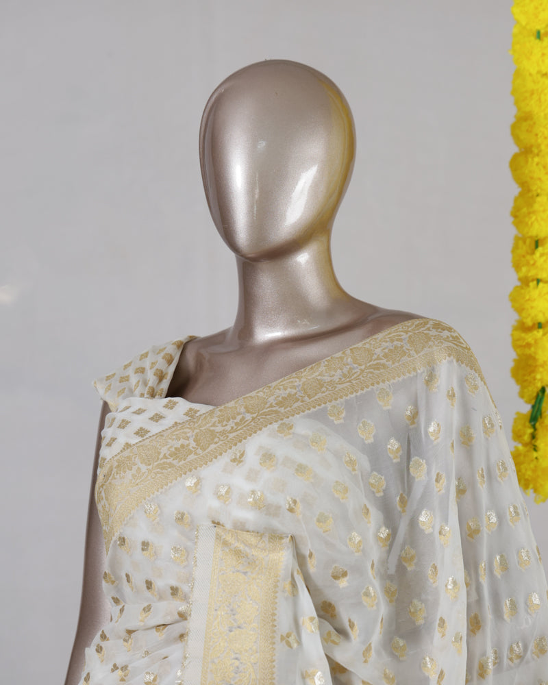 White Georgette Banarasi Onam Saree
