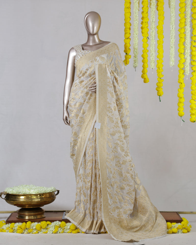 Off White Banarasi Georgette Onam Saree