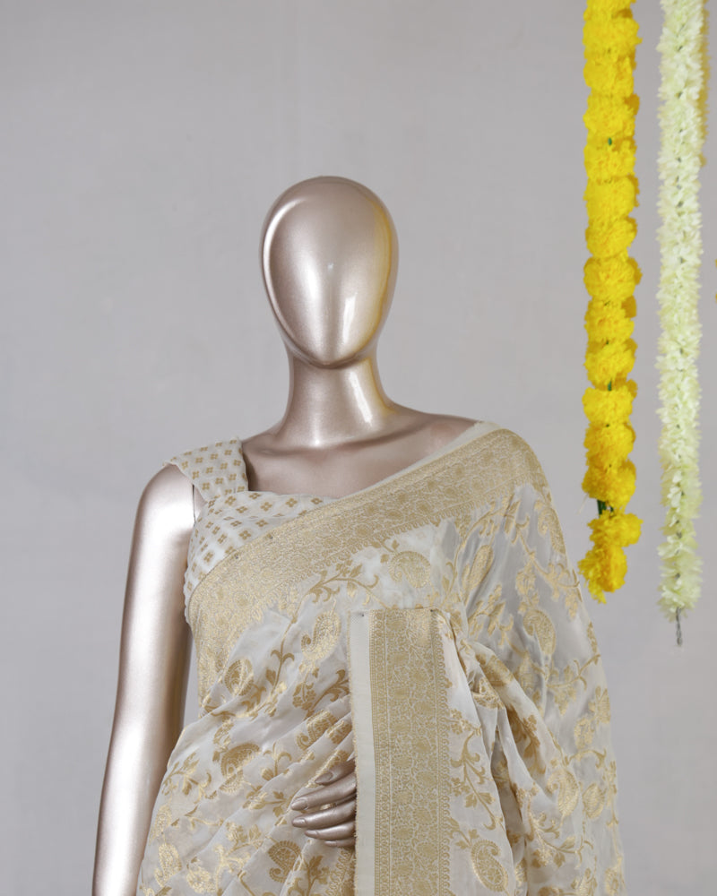 Off White Banarasi Georgette Onam Saree