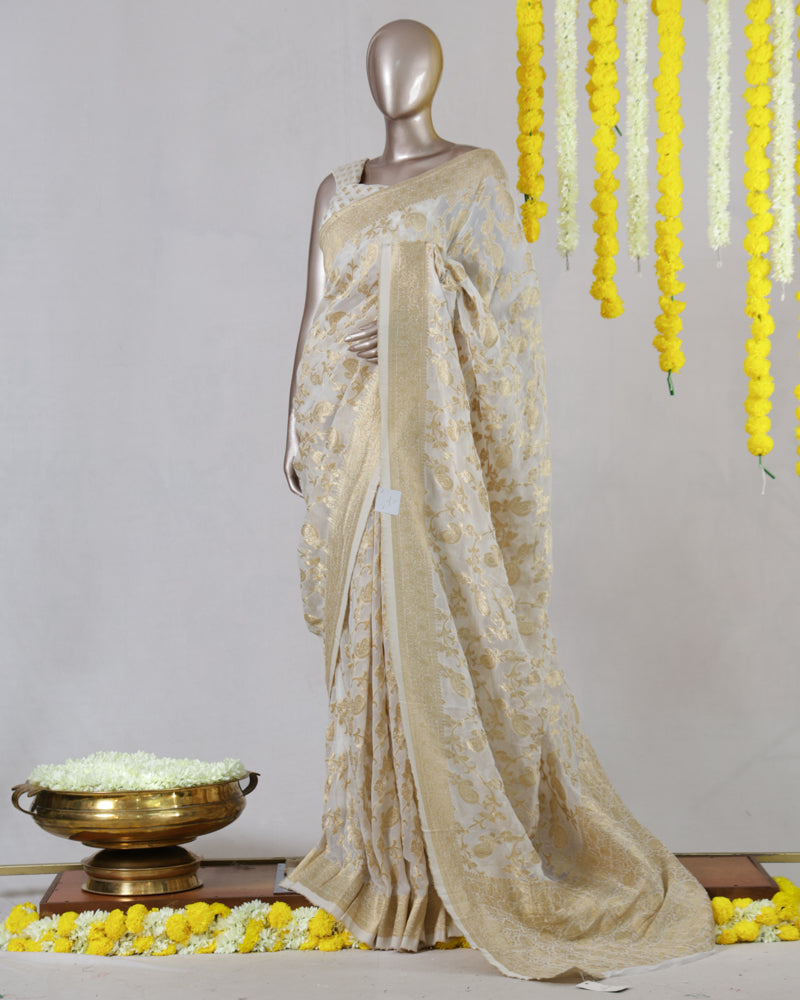 Off White Banarasi Georgette Onam Saree