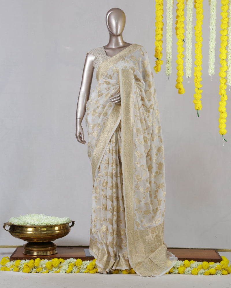 Off White Banarasi Georgette Onam Saree