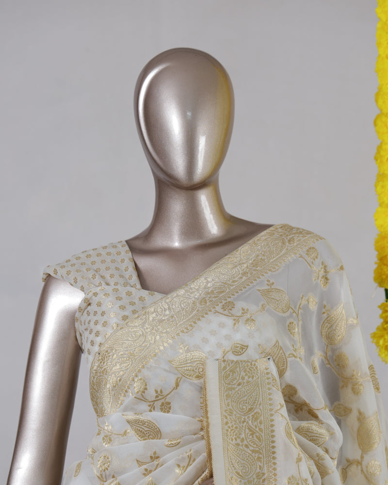 Off White Banarasi Georgette Onam Saree