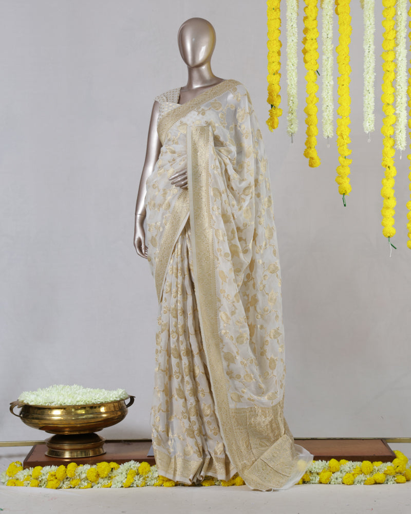 Off White Banarasi Georgette Onam Saree
