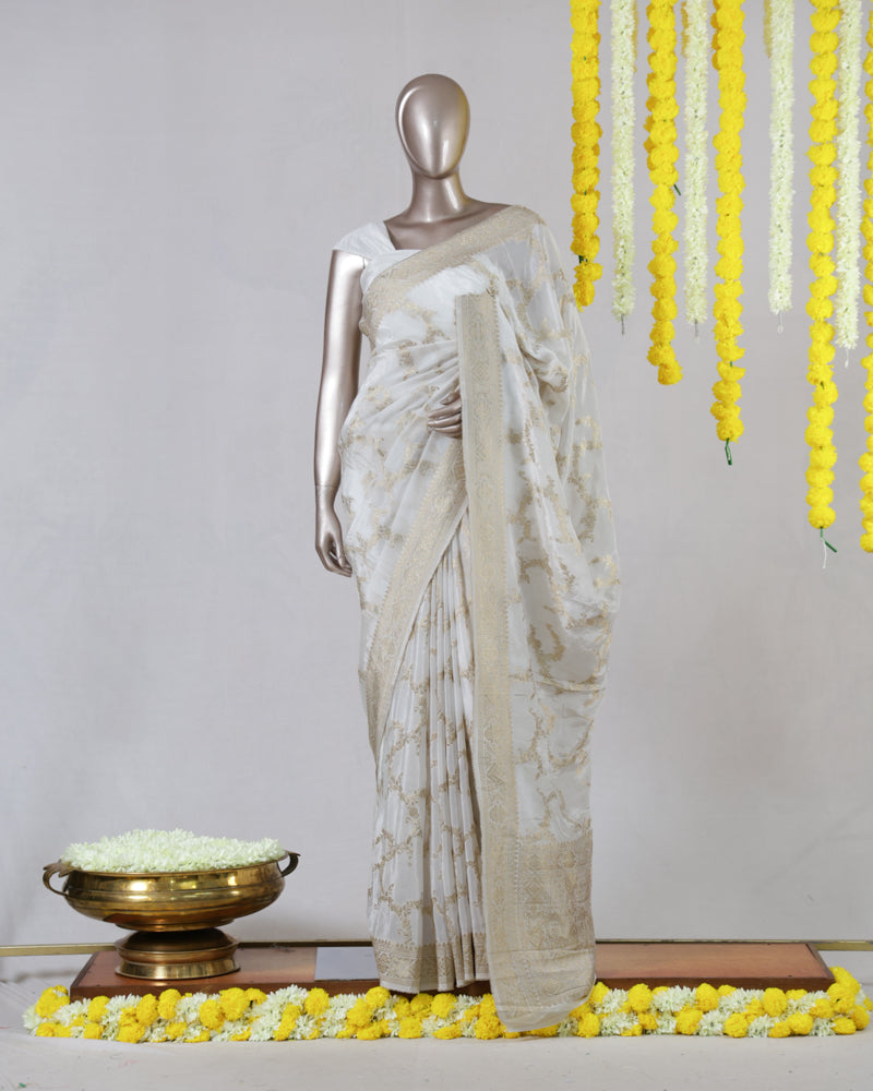 White Upada Silk Banarasi Onam Saree