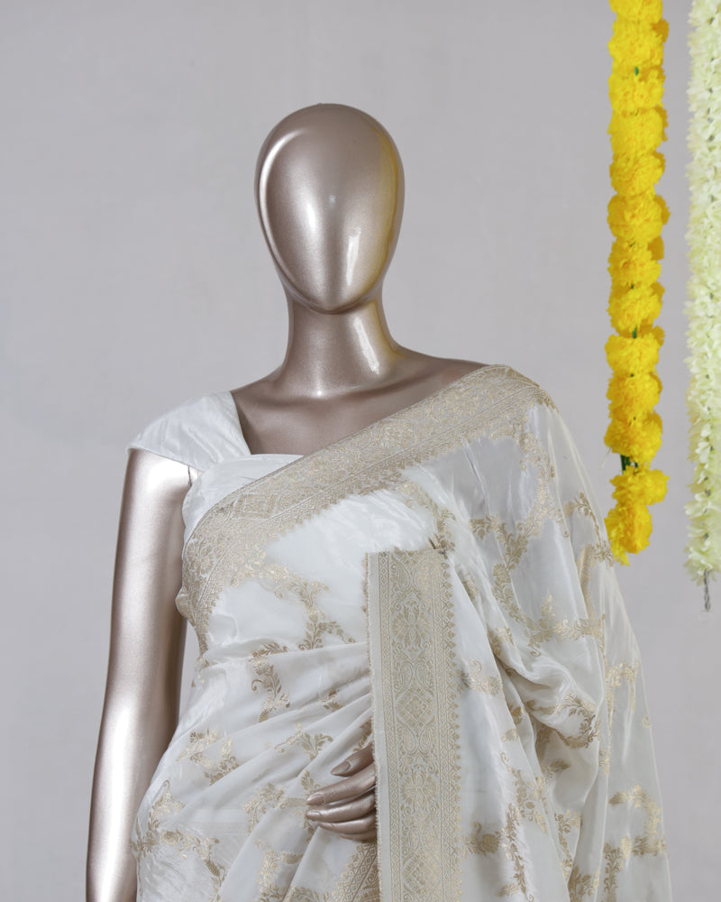 White Upada Silk Banarasi Onam Saree