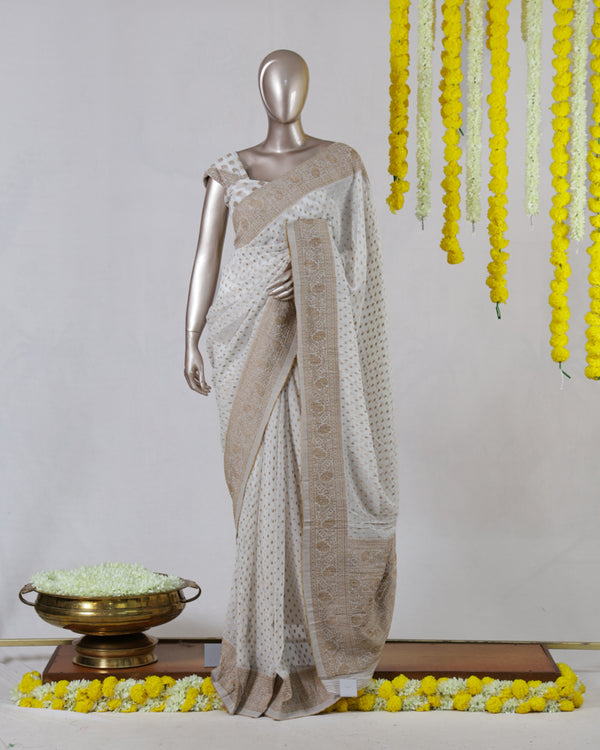 White Georgette Banarasi Onam Saree